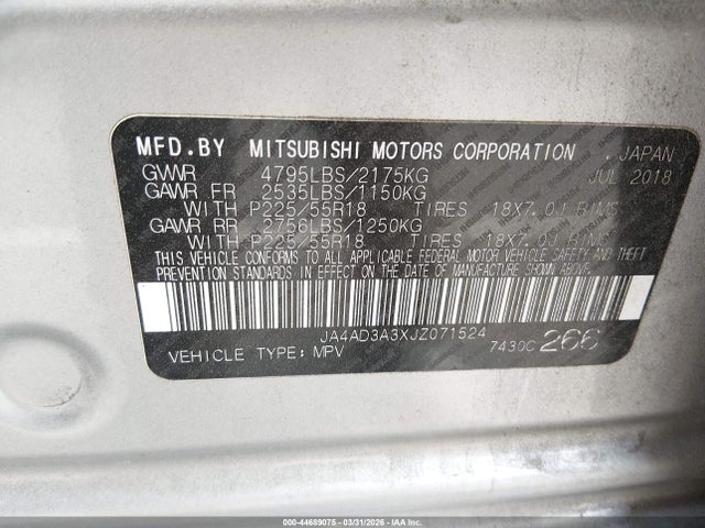 44689075 :رقم المزاد ، JA4AD3A3XJZ071524 vin ، 2018 Mitsubishi Outlander Le/se/sel مزاد بيع