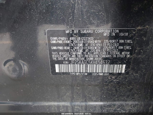 44689076 :رقم المزاد ، JF2SKAGC5KH454632 vin ، 2019 Subaru Forester Premium مزاد بيع