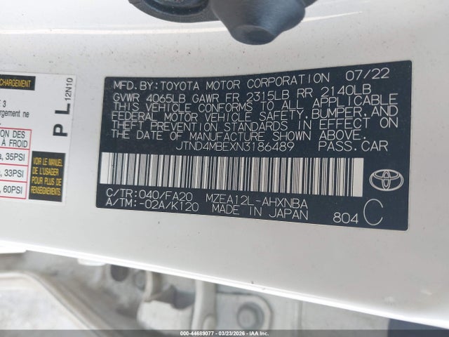 44689077 :رقم المزاد ، JTND4MBEXN3186489 vin ، 2022 Toyota Corolla Se مزاد بيع