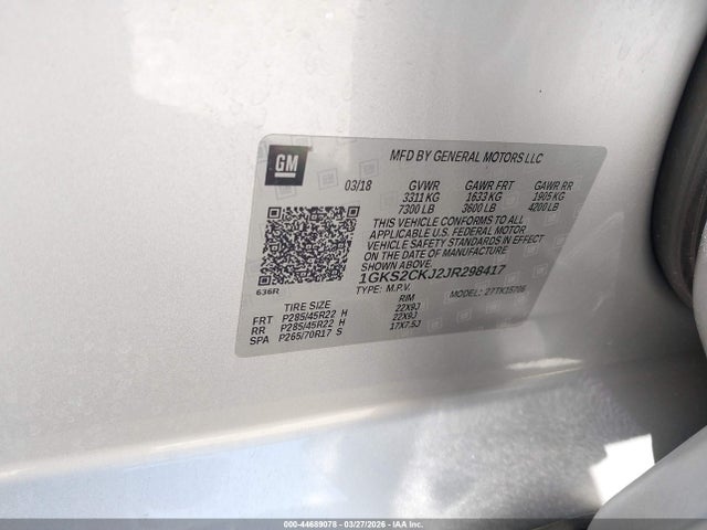 44689078 :رقم المزاد ، 1GKS2CKJ2JR298417 vin ، 2018 Gmc Yukon Denali مزاد بيع