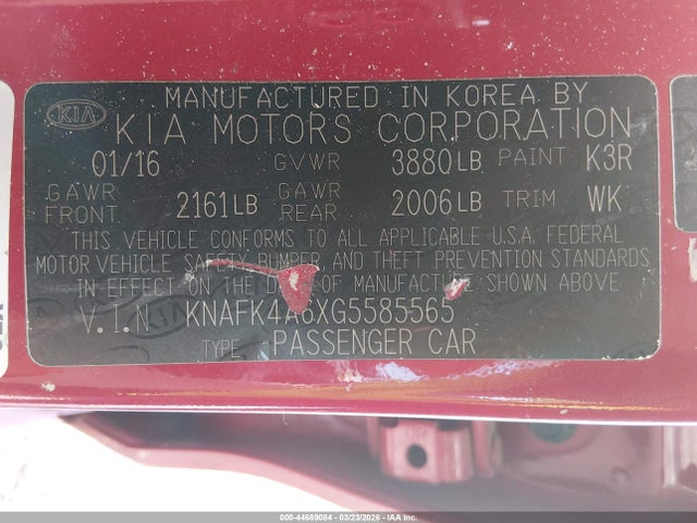 44689084 :رقم المزاد ، KNAFK4A6XG5585565 vin ، 2016 Kia Forte Lx مزاد بيع