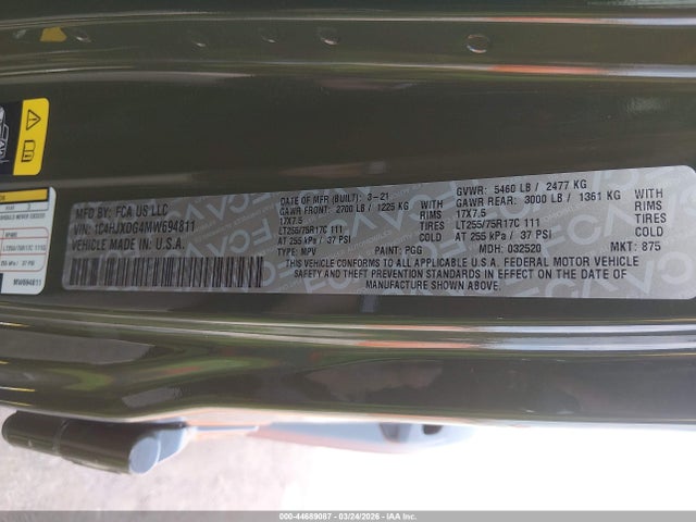 Aukcja sprzedaży 2021 Jeep Wrangler Unlimited Willys 4x4, vin: 1C4HJXDG4MW694811, numer aukcji: 44689087