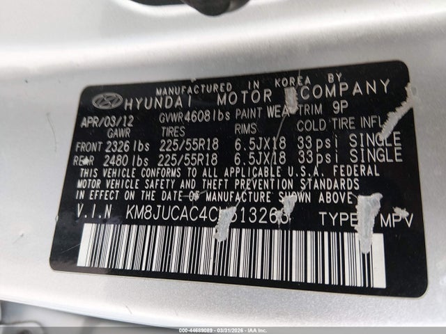 44689089 :رقم المزاد ، KM8JUCAC4CU513263 vin ، 2012 Hyundai Tucson Limited مزاد بيع