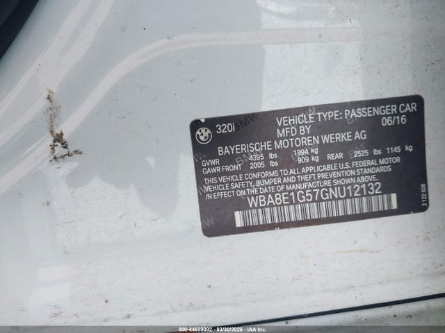 Продаж на аукціоні авто 2016 Bmw 320i, vin: WBA8E1G57GNU12132, номер лоту: 44689092