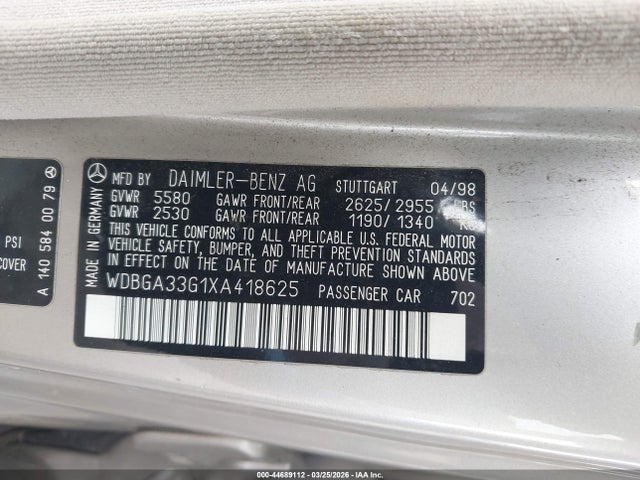 Aukcja sprzedaży 1999 Mercedes-benz S 320, vin: WDBGA33G1XA418625, numer aukcji: 44689112
