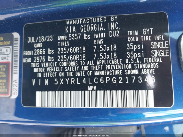 Aukcja sprzedaży 2023 Kia Sorento S, vin: 5XYRL4LC6PG217343, numer aukcji: 44689117