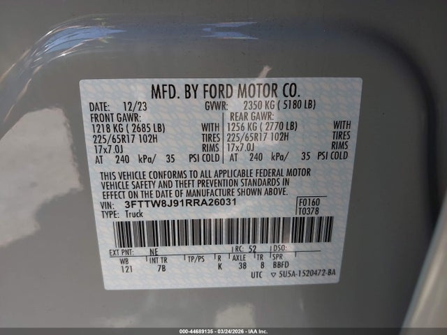 Aukcja sprzedaży 2024 Ford Maverick Xlt, vin: 3FTTW8J91RRA26031, numer aukcji: 44689135