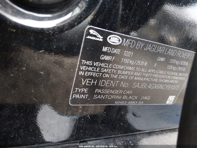 44689138 :رقم المزاد ، SAJBL4GX6NCY91073 vin ، 2022 Jaguar Xf R-dynamic Se P300 Awd Automatic مزاد بيع