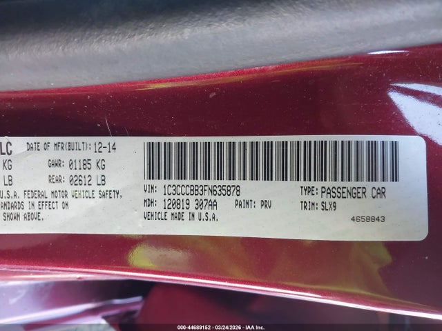 2015 Chrysler 200 S მანქანა იყიდება აუქციონზე, vin: 1C3CCCBB3FN635878, აუქციონის ნომერი: 44689152