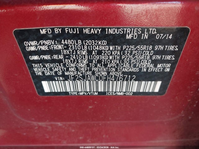 Aukcja sprzedaży 2015 Subaru Forester 2.5i Touring, vin: JF2SJAWC0FH476712, numer aukcji: 44689151