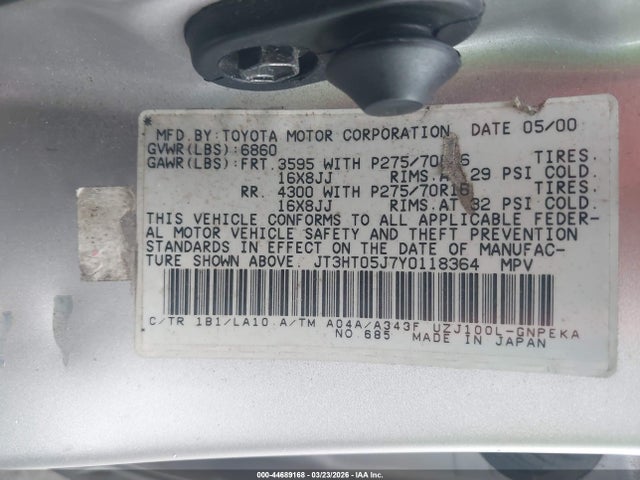 Продажа на аукционе авто 2000 Toyota Land Cruiser, vin: JT3HT05J7Y0118364, номер лота: 44689168
