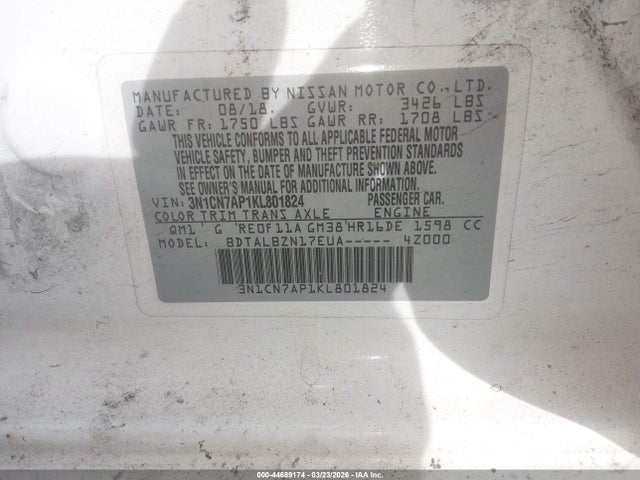 44689174 :رقم المزاد ، 3N1CN7AP1KL801824 vin ، 2019 Nissan Versa 1.6 Sv مزاد بيع