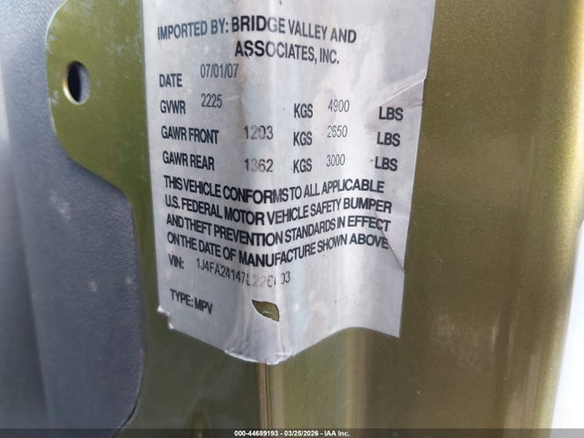 44689193 :رقم المزاد ، 1J4FA24147L226003 vin ، 2007 Jeep Wrangler X مزاد بيع