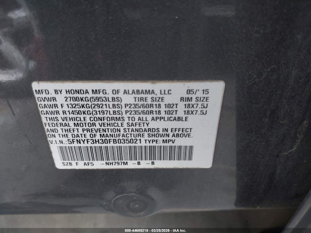 Aukcja sprzedaży 2015 Honda Pilot Se, vin: 5FNYF3H30FB035021, numer aukcji: 44689218