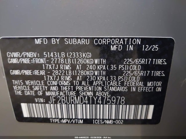 Aukcja sprzedaży 2026 Subaru Outback Wilderness, vin: JF2BURMD4TY475978, numer aukcji: 44689225