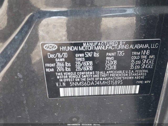 Aukcja sprzedaży 2021 Hyundai Santa Fe Sel, vin: 5NMS6DAJ4MH315895, numer aukcji: 44689238