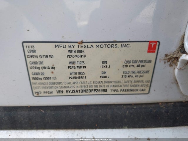 2013 Tesla Model S მანქანა იყიდება აუქციონზე, vin: 5YJSA1DN2DFP26998, აუქციონის ნომერი: 44689259