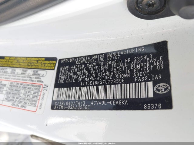 Продажа на аукционе авто 2007 Toyota Camry Xle, vin: 4T1BE46K37U728596, номер лота: 44689263