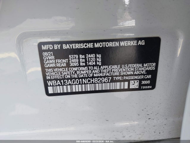 44689269 :رقم المزاد ، WBA13AG01NCH82967 vin ، 2022 Bmw 530e مزاد بيع