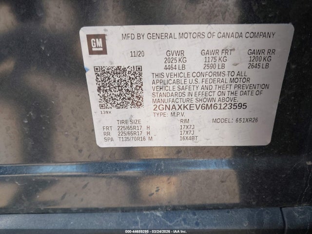 2GNAXKEV6M6123595 Chevrolet Equinox Fwd Lt