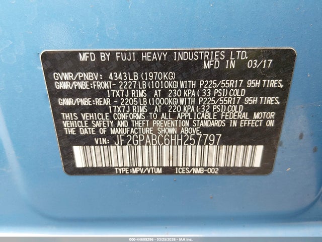 Aukcja sprzedaży 2017 Subaru Crosstrek 2.0i Premium, vin: JF2GPABC6HH257797, numer aukcji: 44689296