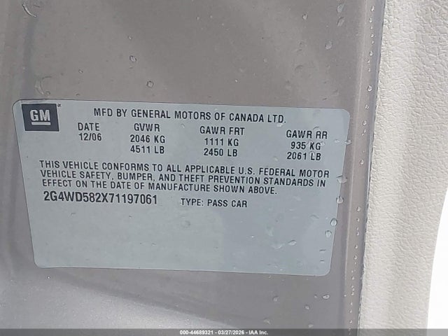 2007 Buick Lacrosse Cxl მანქანა იყიდება აუქციონზე, vin: 2G4WD582X71197061, აუქციონის ნომერი: 44689321
