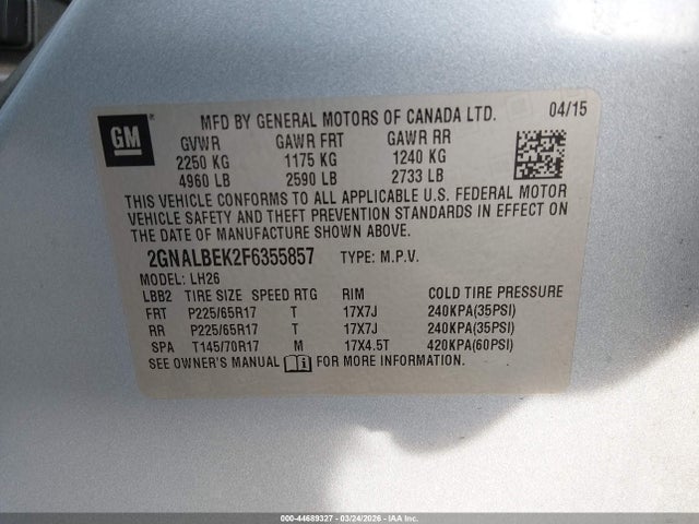 Продаж на аукціоні авто 2015 Chevrolet Equinox 1lt, vin: 2GNALBEK2F6355857, номер лоту: 44689327
