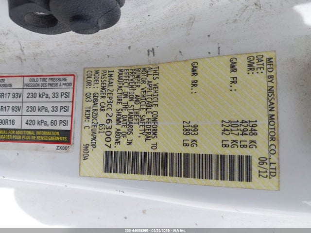 Aukcja sprzedaży 2012 Nissan Altima 2.5 S, vin: 1N4AL2EP3CC263007, numer aukcji: 44689360