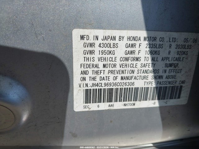 Продаж на аукціоні авто 2006 Acura Tsx, vin: JH4CL96936C026306, номер лоту: 44689362