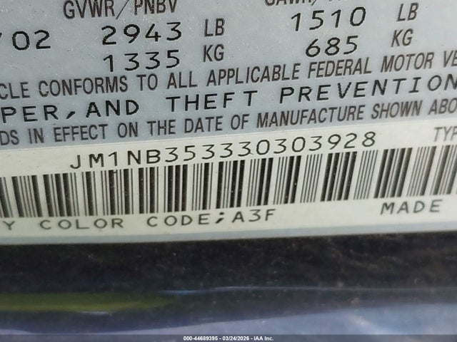 44689395 :رقم المزاد ، JM1NB353330303928 vin ، 2003 Mazda Mx-5 Miata Cloth/ls/se/shinsen مزاد بيع