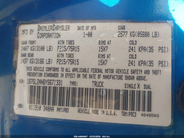 2000 DODGE DAKOTA 1B7GL2AN6YS671331 Photo 8