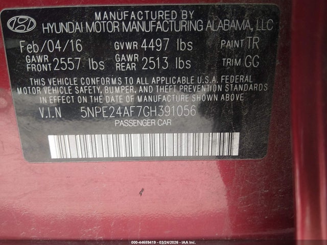 Aukcja sprzedaży 2016 Hyundai Sonata, vin: 5NPE24AF7GH391056, numer aukcji: 44689419