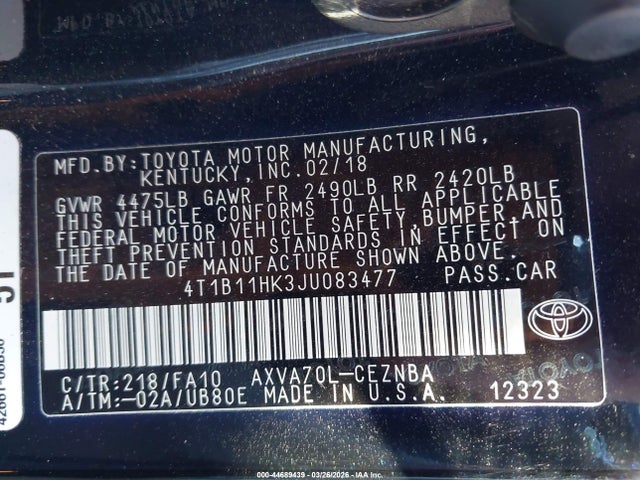 2018 Toyota Camry Le მანქანა იყიდება აუქციონზე, vin: 4T1B11HK3JU083477, აუქციონის ნომერი: 44689439