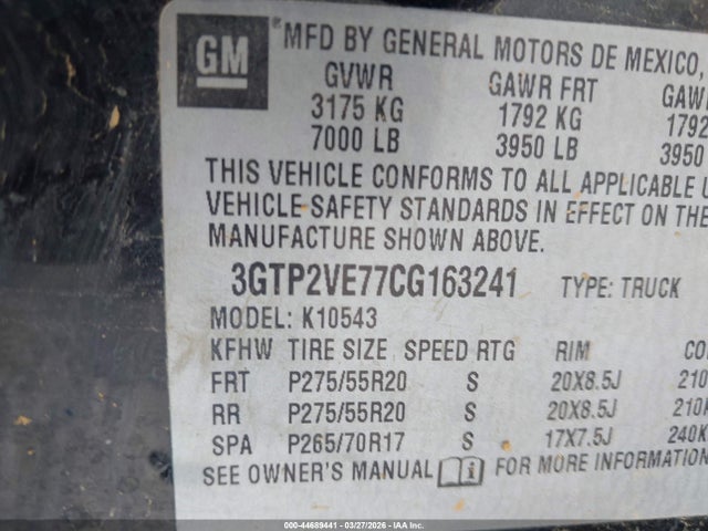 Aukcja sprzedaży 2012 Gmc Sierra 1500 Sle, vin: 3GTP2VE77CG163241, numer aukcji: 44689441