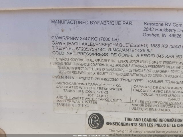 Продажа на аукционе авто 2017 Aspen 2710bh, vin: 4YDT27125HH922340, номер лота: 44689489