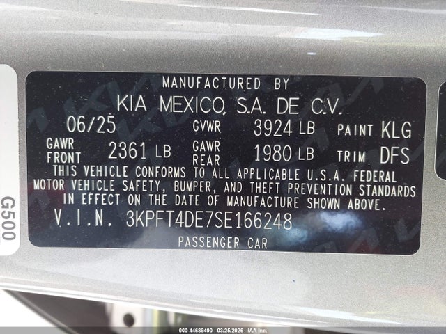 44689490 :رقم المزاد ، 3KPFT4DE7SE166248 vin ، 2025 Kia K4 Lxs مزاد بيع