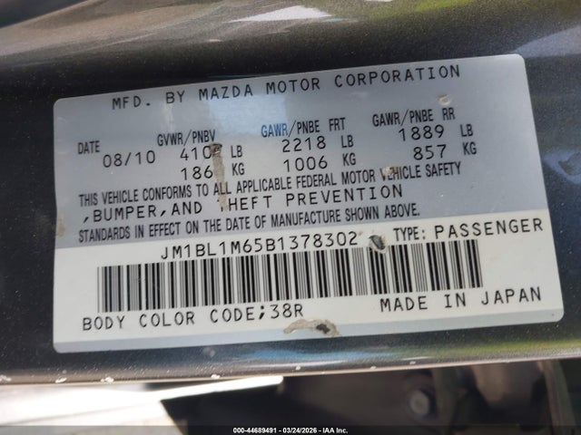 44689491 :رقم المزاد ، JM1BL1M65B1378302 vin ، 2011 Mazda Mazda3 مزاد بيع