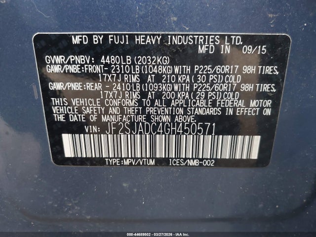 2016 Subaru Forester 2.5i Premium მანქანა იყიდება აუქციონზე, vin: JF2SJADC4GH450571, აუქციონის ნომერი: 44689502