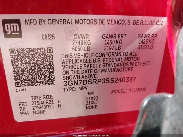 2025 Chevrolet Equinox Ev Rs მანქანა იყიდება აუქციონზე, vin: 3GN7DSRP3SS240337, აუქციონის ნომერი: 44689505