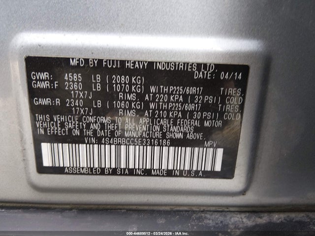 2014 Subaru Outback 2.5i Premium მანქანა იყიდება აუქციონზე, vin: 4S4BRBCC5E3316186, აუქციონის ნომერი: 44689512