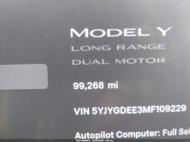 5YJYGDEE3MF109229 Tesla Model Y Long Range Dual Motor All-wheel Drive