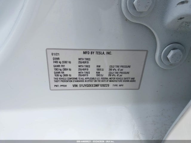 5YJYGDEE3MF109229 Tesla Model Y Long Range Dual Motor All-wheel Drive