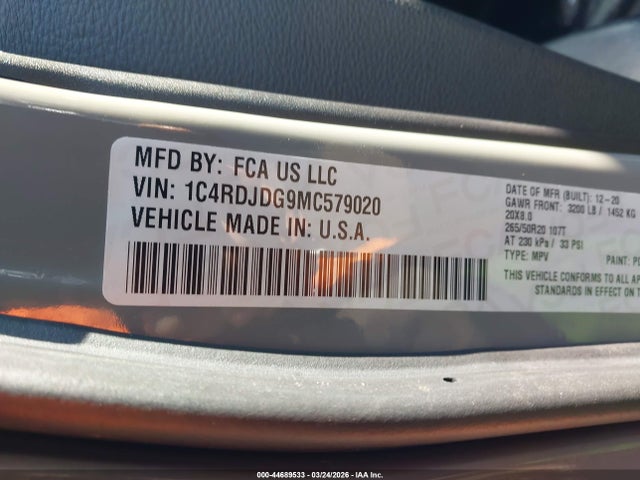 44689533 :رقم المزاد ، 1C4RDJDG9MC579020 vin ، 2021 Dodge Durango Gt Plus Awd مزاد بيع
