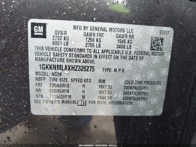 Продаж на аукціоні авто 2017 Gmc Acadia Slt-1, vin: 1GKKNMLAXHZ326275, номер лоту: 44689538