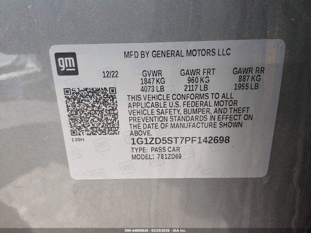 44689540 :رقم المزاد ، 1G1ZD5ST7PF142698 vin ، 2023 Chevrolet Malibu Fwd 1lt مزاد بيع