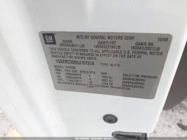 44689562 :رقم المزاد ، 1GKER33D99J157274 vin ، 2009 Gmc Acadia Slt-2 مزاد بيع