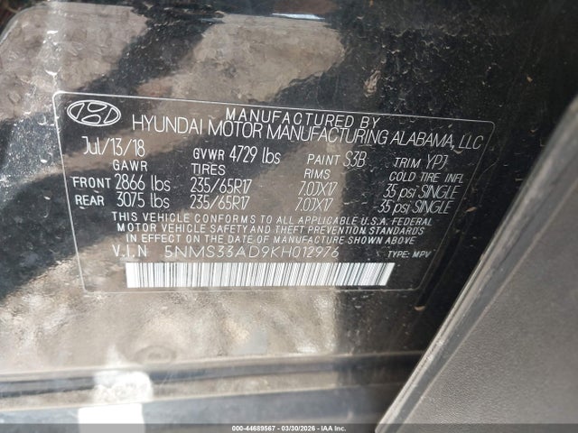 44689567 :رقم المزاد ، 5NMS33AD9KH012976 vin ، 2019 Hyundai Santa Fe Sel مزاد بيع