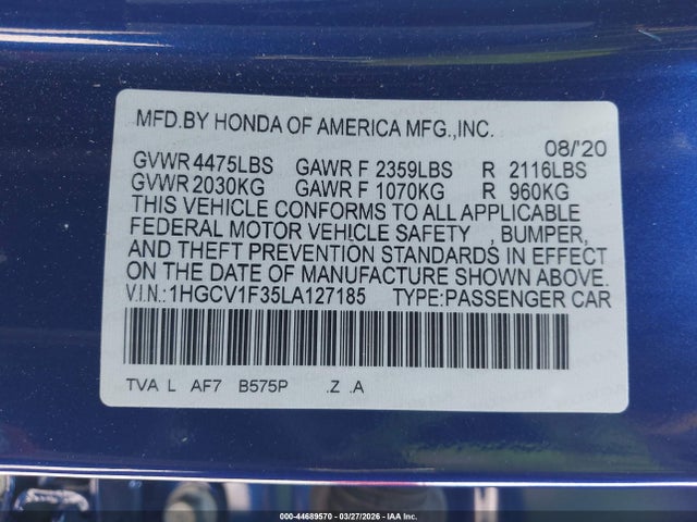 Продажа на аукционе авто 2020 Honda Accord Sport, vin: 1HGCV1F35LA127185, номер лота: 44689570