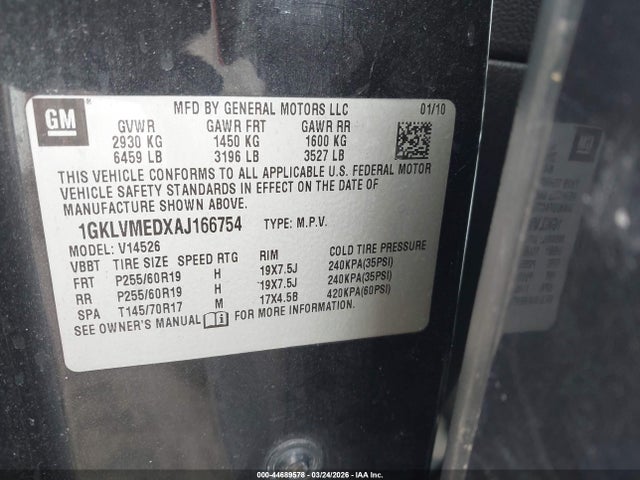 44689578 :رقم المزاد ، 1GKLVMEDXAJ166754 vin ، 2010 Gmc Acadia Slt-1 مزاد بيع