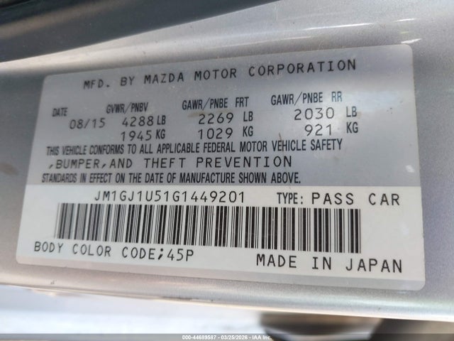 Aukcja sprzedaży 2016 Mazda Mazda6 I Sport, vin: JM1GJ1U51G1449201, numer aukcji: 44689587